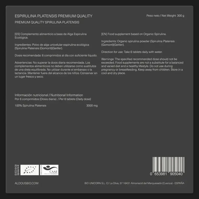 Aldous Bio Spirulina Organic Premium, 600 unités