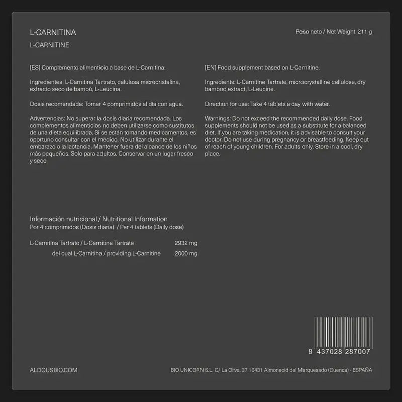 Aldous Bio Bio L Carnitine 2000Mg Pre Workout & Muscle Recovery Supplement, 200 Comprimés