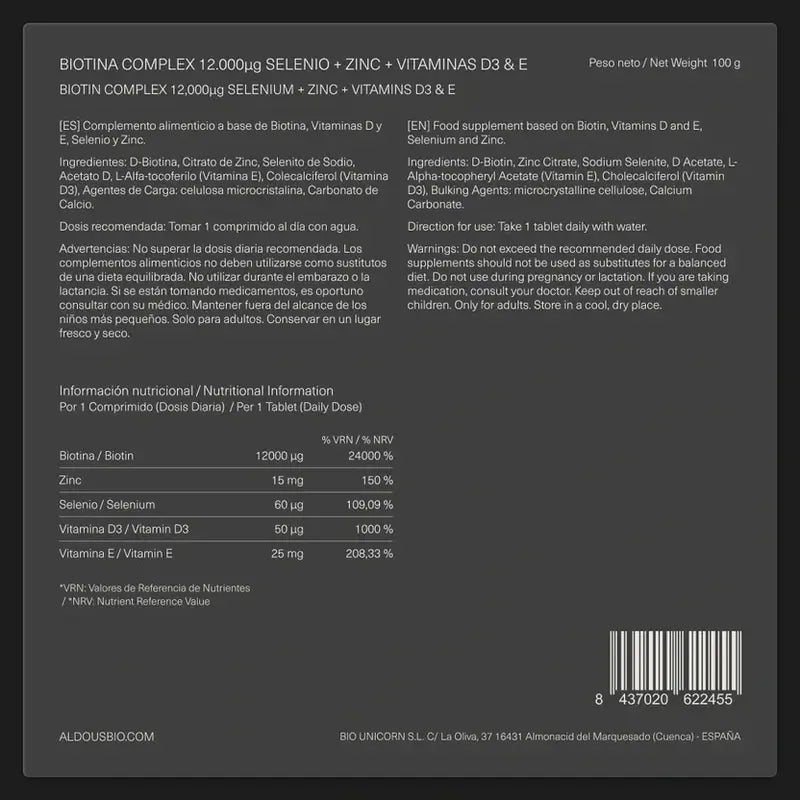 Aldous Labs Biotine avec Zinc, Sélénium, Vitamine D3 et Vitamine E