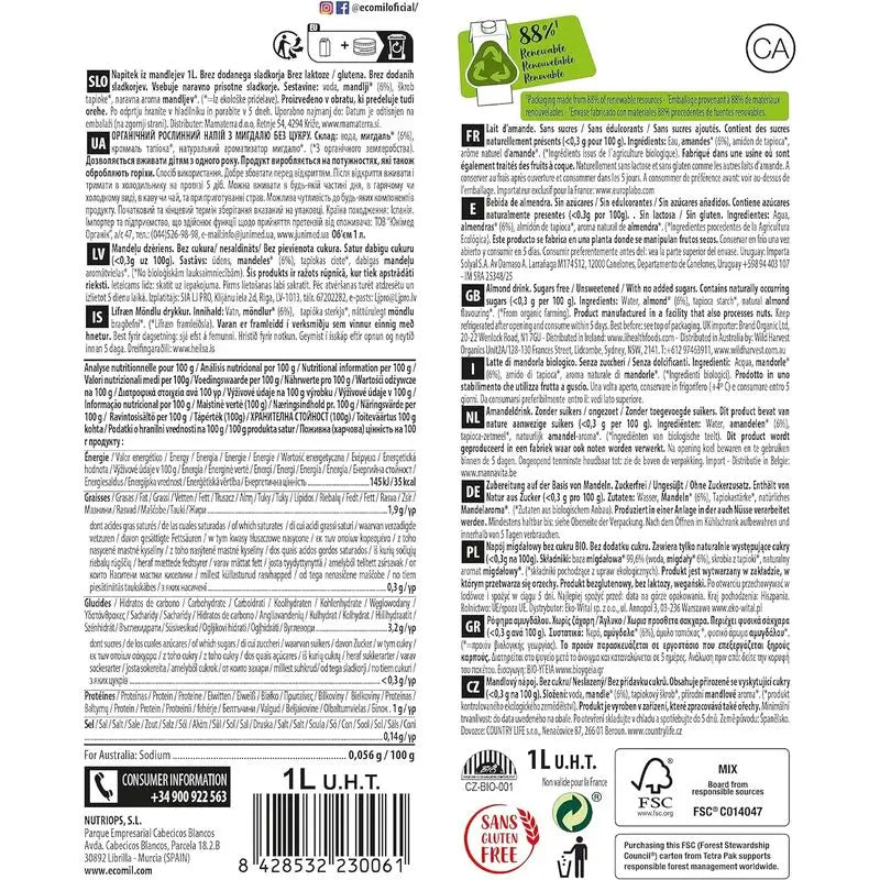 Nutriops Ecomil Amandes Calcium , 1 litre