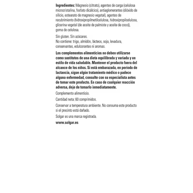 Solgar Citrate de Magnésium, 2x120 Comprimés