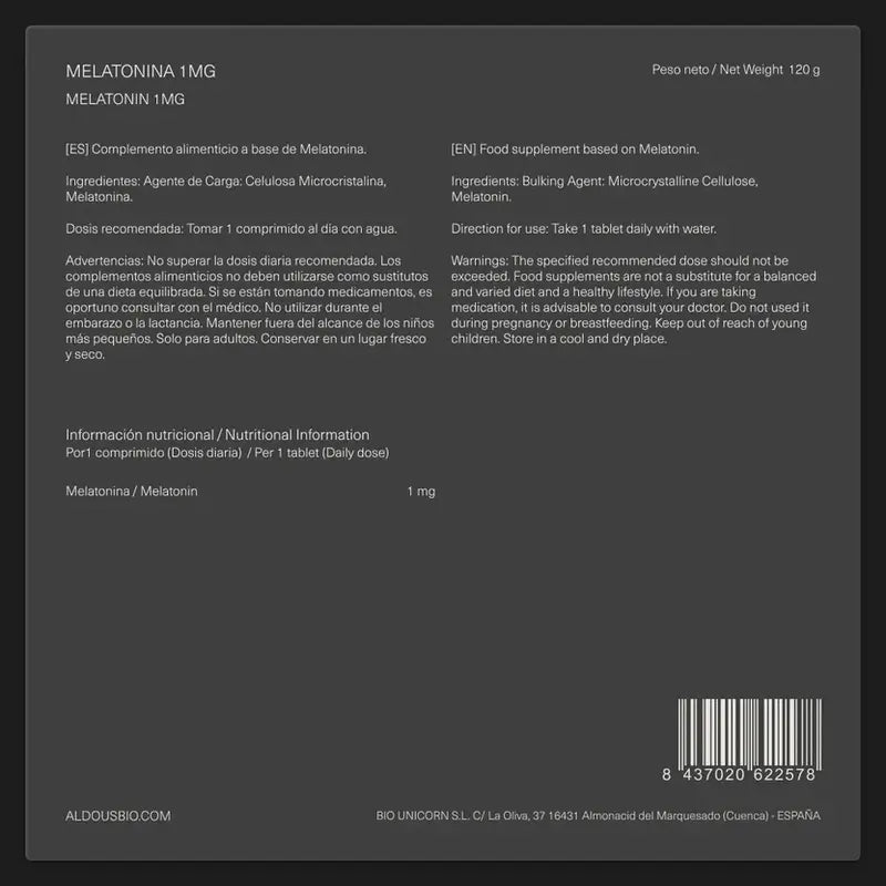 Aldous Labs Food Supplement Pure Melatonin 1 Mg , 500 comprimés