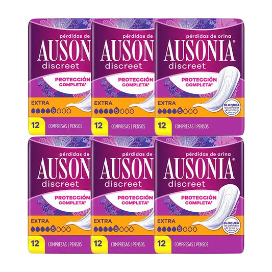 Ausonia Pack Serviettes hygiéniques discrètes pour femmes Extra, 6 x 12 unités