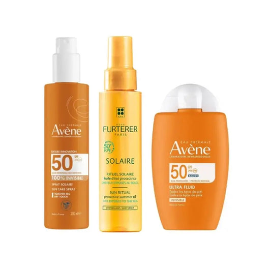 Avène Fluide Ultra Invisible Spf50 50 Ml + Spray Invisible Spf50 200 Ml + Huile solaire protectrice Kpf 50⁺ 100 Ml