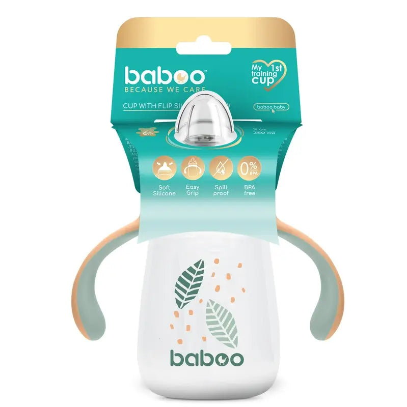 Tasse d'apprentissage Baboo Peachy Keen en silicone avec embout buccal 6+ mois, 260 ml