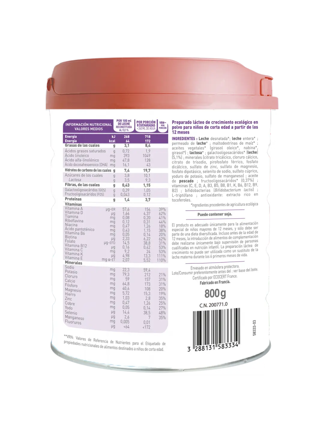 Babybio Optima 3 Lait de vache 12-36 mois, 800g