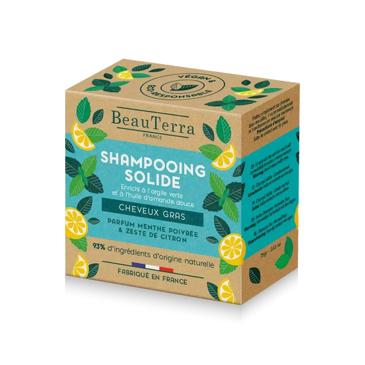 Beauterra Shampooing solide menthe poivrée et écorce de citron (cheveux gras) , 75 gr