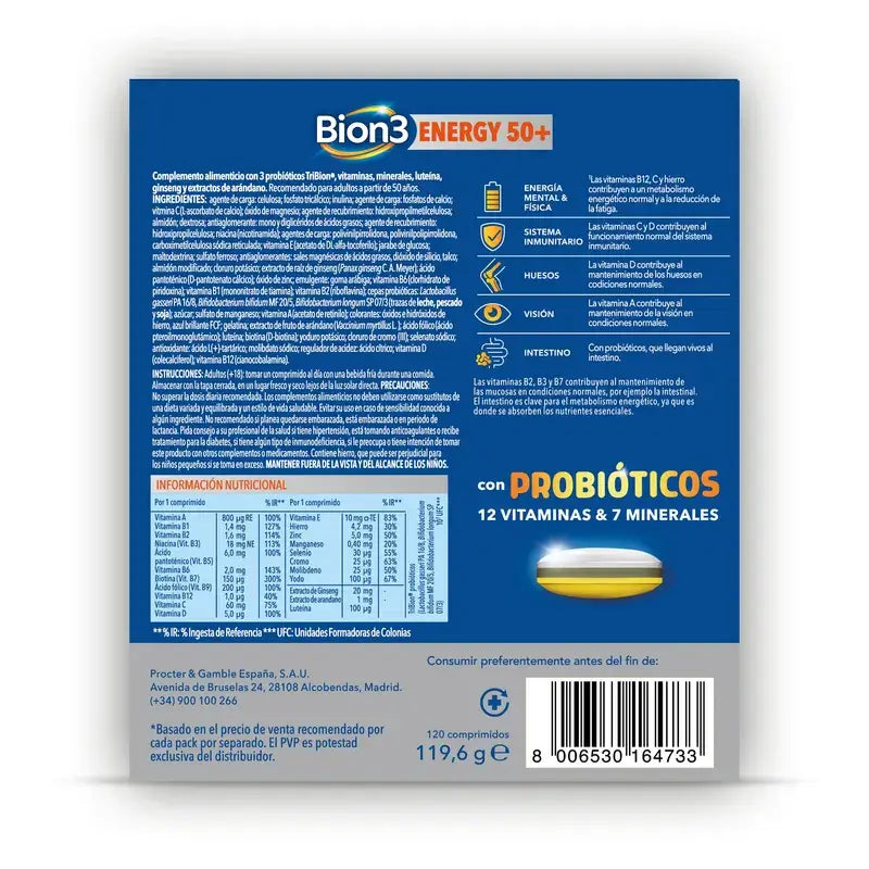 Bion3 Energy 50+ Multivitamines Avec Probiotiques, 120 comprimés