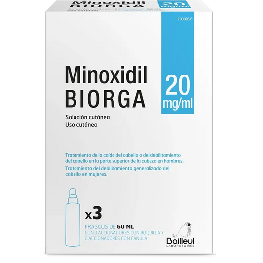Biorga 20 Mg/ ml Minoxidil Cutaneous Solution 3 Flacons 60 ml + 3 Actionneurs de Buse et 2 Actionneurs de Canule