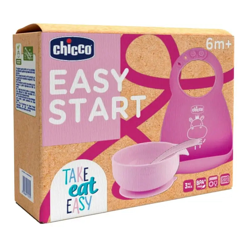 Chicco Take Eat Easy Set de Repas en Silicone Rose 6M+