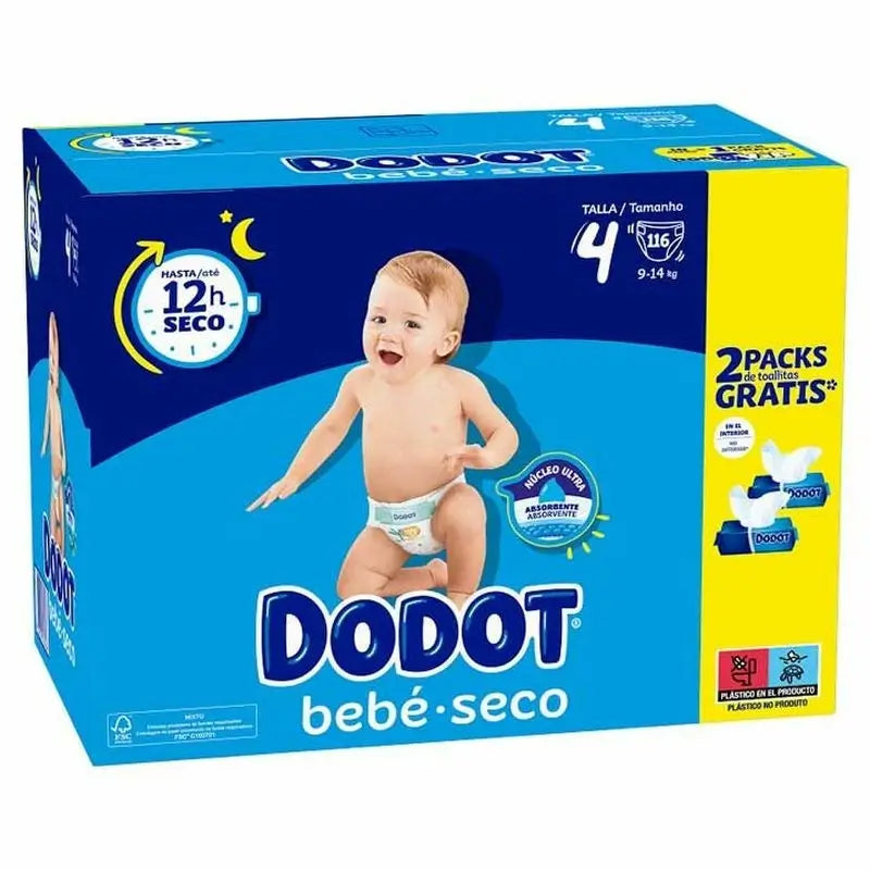 Dodot Mainline Nappy + Wipes Size 4 (9-14 Kg), 116 units