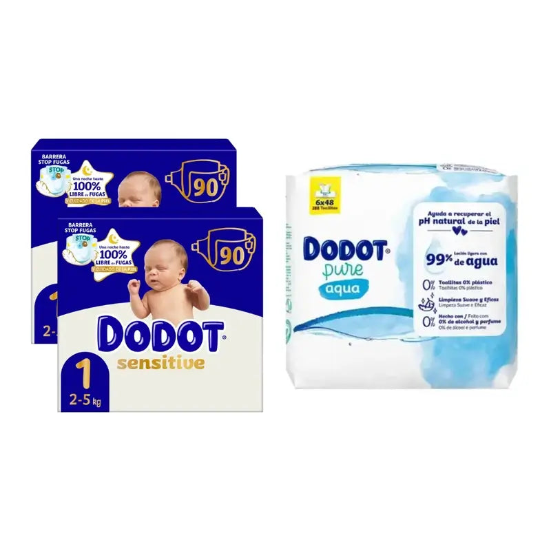 Dodot Sensitive Nappy Sensitive Jumbo Pack Size 1, 2x90 unités + Aqua Plastic Free Wipes Box 6X48 (288 unités)