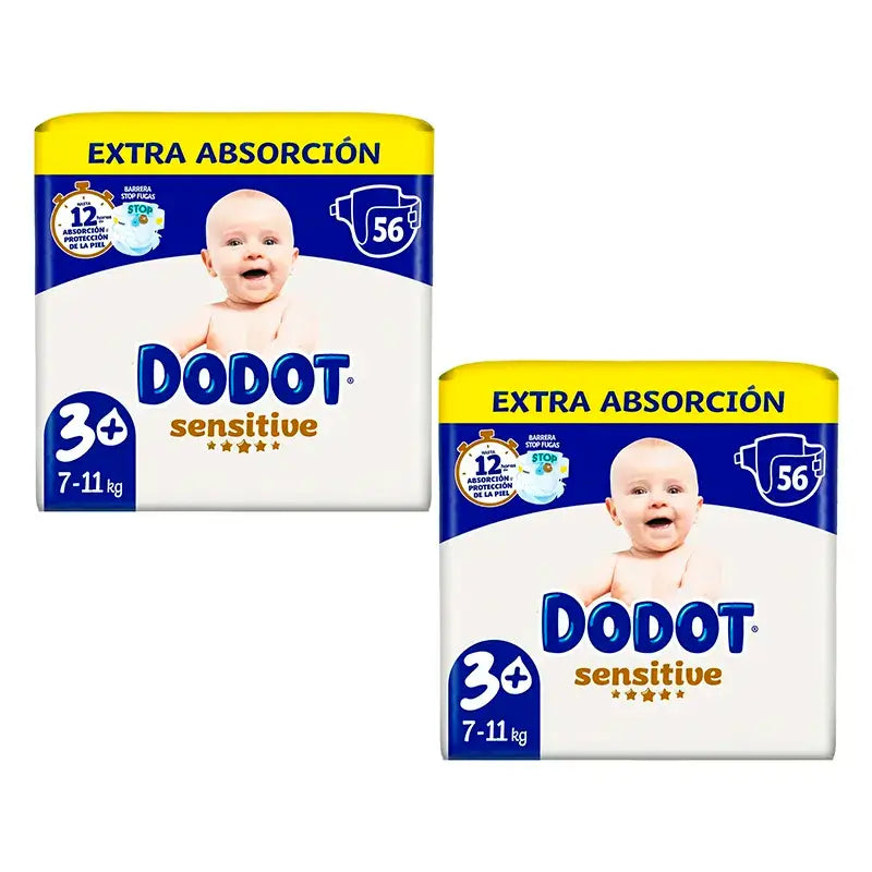 Dodot Sensitive Extra Jumbo Nappy Size 3+, Pack 2 x 56 couches