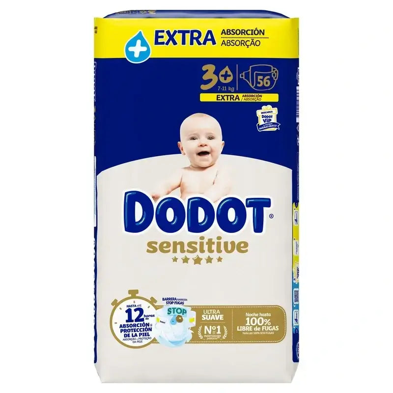 Dodot Sensitive Extra Jumbo Nappy Size 3+, Pack 2 x 56 couches