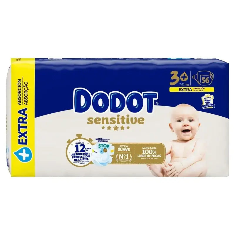Dodot Sensitive Extra Jumbo Nappy Size 3+, Pack 2 x 56 couches