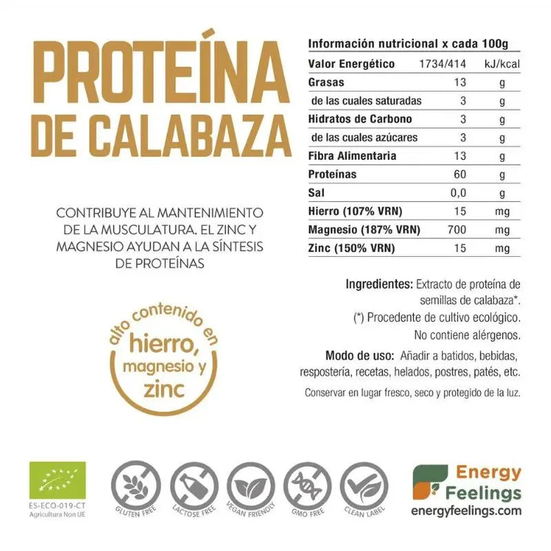 Energy Feelings Protéines de Potiron 1Kg. Eco Vegan Sg