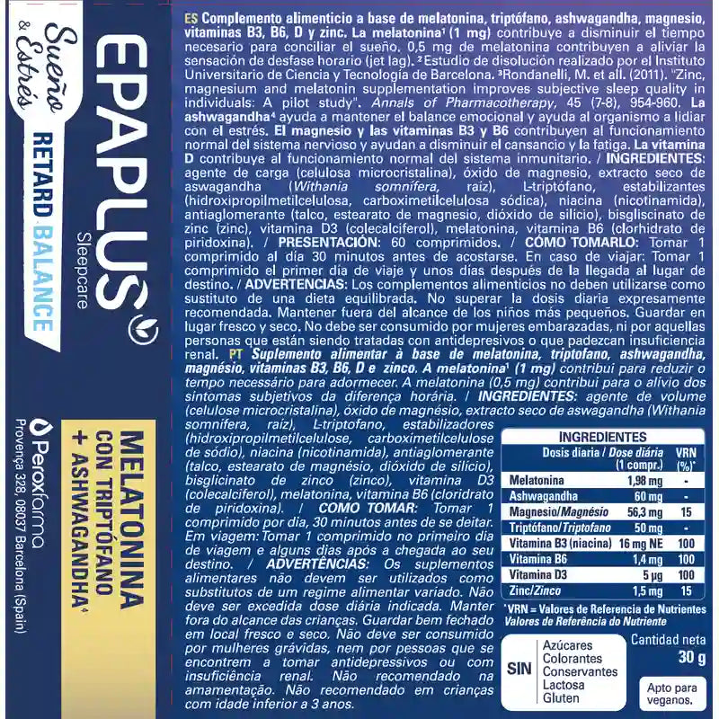 Epaplus Sleepcare Melatonin Retard Balance Avec Tryptophane, 30 grammes, 60 comprimés