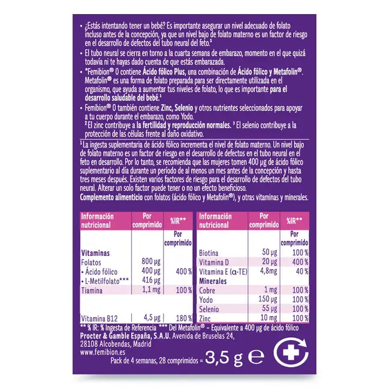 Femibion 0 Planification de la Grossesse avec Acide Folique Plus, 2X28 Comprimés