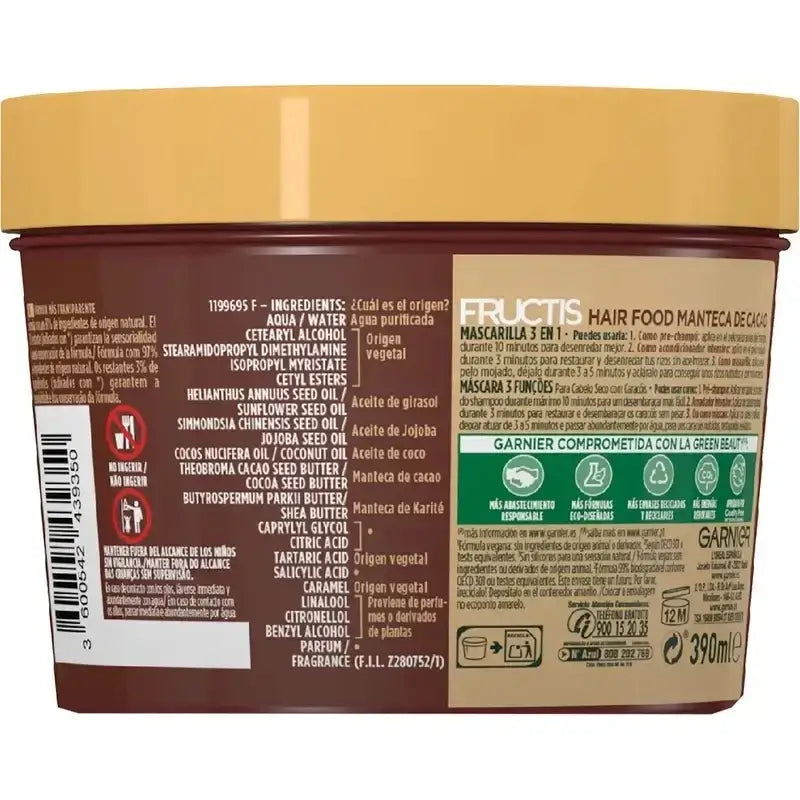 Garnier Fructis Hair Food Masque réparateur au beurre de cacao 3 en 1 pour cheveux bouclés et secs 400 ml