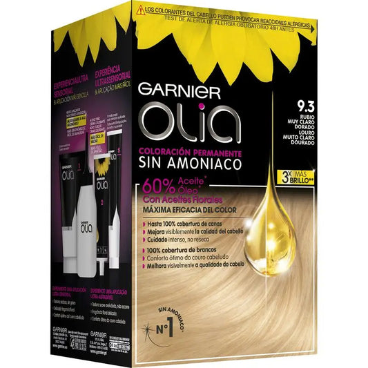 Garnier Olia Coloration Permanente Sans Ammoniaque, Odeur Agréable Aux Huiles Florales D'Origine Naturelle - Blond Doré Très Clair 9.3