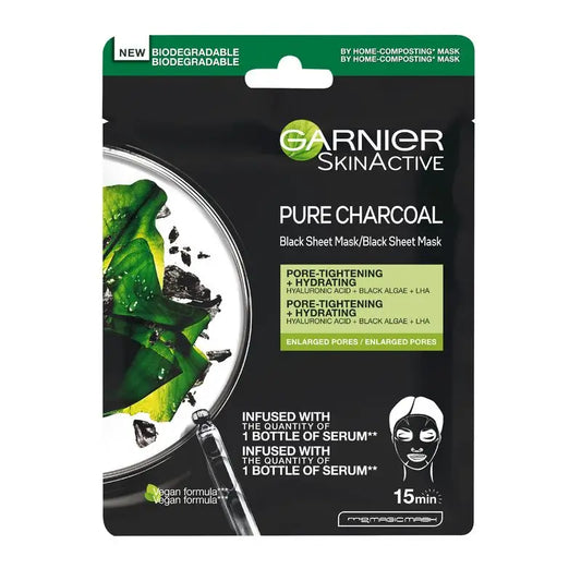 Garnier Skin Active Black Tissue Mask avec extrait d'algues noires et acide hyaluronique pour les peaux à pores dilatés