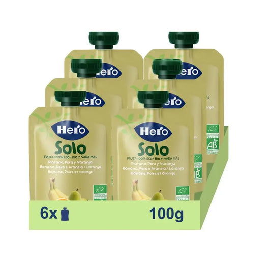 Hero Baby Pack Eco Sachets Banane, Poire et Orange seulement, 6 X 100 grammes