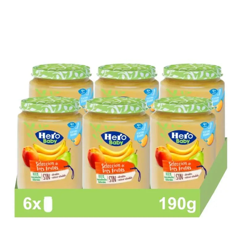 Hero Baby Pack Sélection de trois fruits en bocal, 6 x 190 grammes