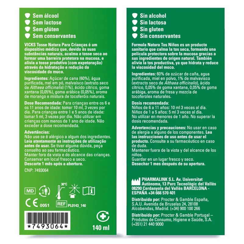 Vicks Formula Natura sirop contre la toux pour enfants miel fraise, 140 ml