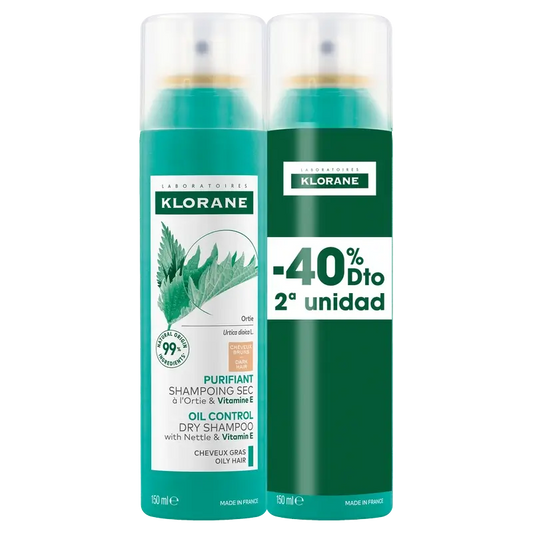 Klorane Natural Nettle Dry Shampoo Pack Oily Brown Hair 2x150ml 40% OFF