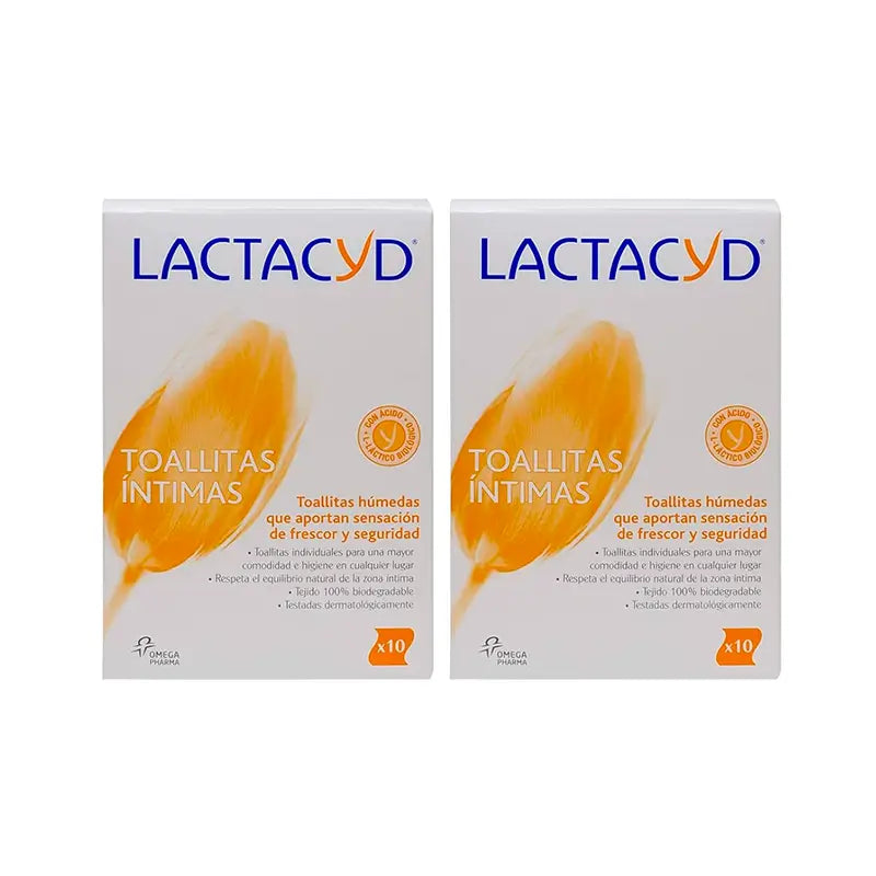 Lingettes hygiéniques intimes individuelles Lactacyd Duplo, 2 paquets de 10 unités