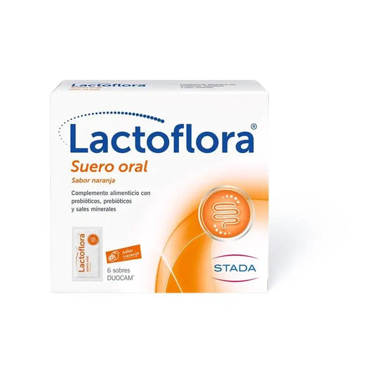 Lactoflora Sérum oral avec probiotiques, prébiotiques et sels minéraux Goût orange, 6 sachets