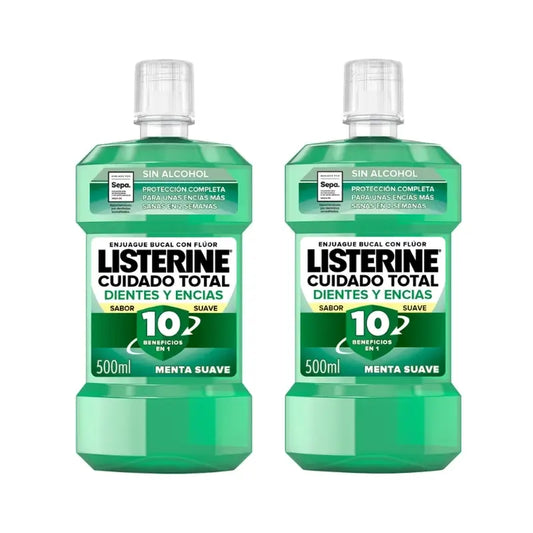 Listerine Duplo Bain de bouche Protection des dents et des gencives Bain de bouche à la menthe douce Sans alcool, 2 x 500 ml