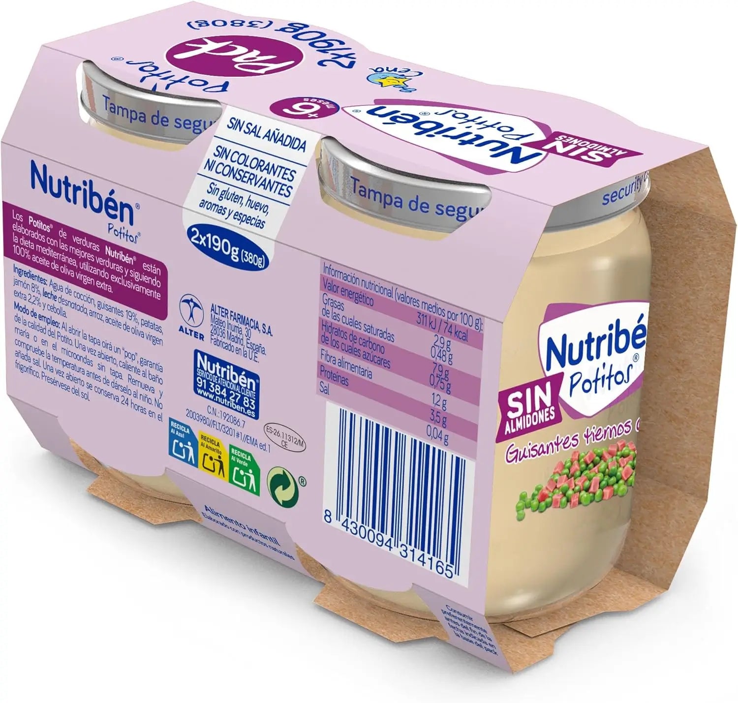 Nutribén Pack Potito Pois tendres au jambon, 2X190 g