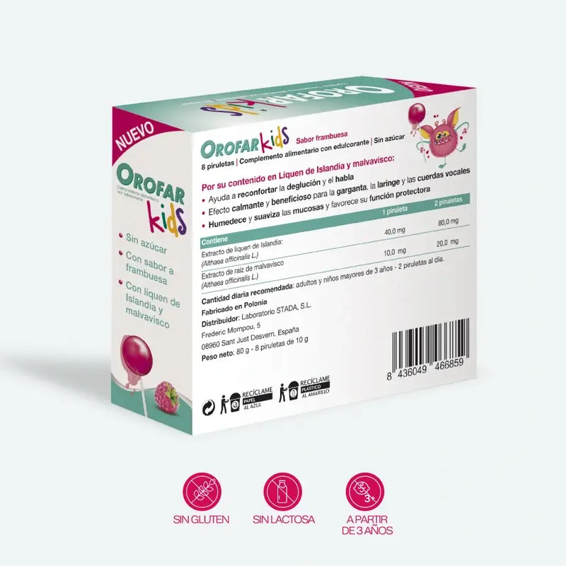 Orofar Kids Sucettes sans sucre à la framboise contre les démangeaisons de la gorge, 8 sucettes
