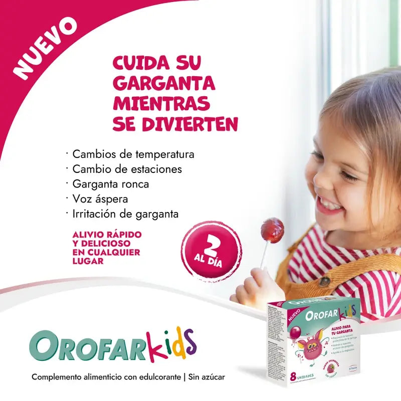 Orofar Kids Sucettes sans sucre à la framboise contre les démangeaisons de la gorge, 8 sucettes