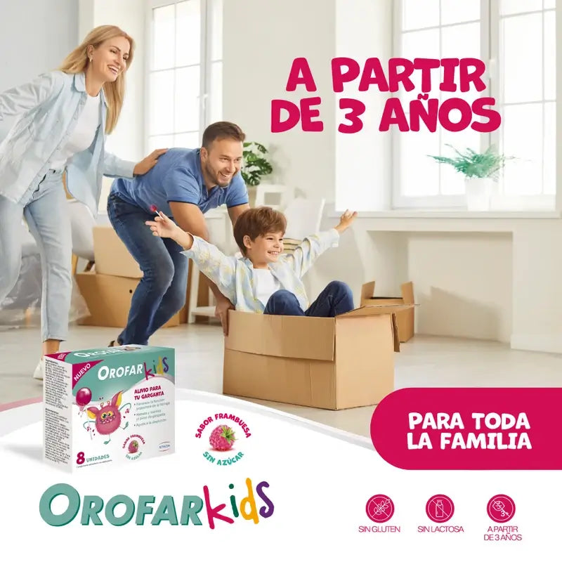 Orofar Kids Sucettes sans sucre à la framboise contre les démangeaisons de la gorge, 8 sucettes