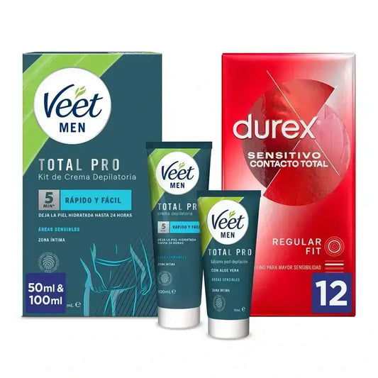 Pack Durex Total Contact 12 pièces + Kit Veet Men Zones Intimes
