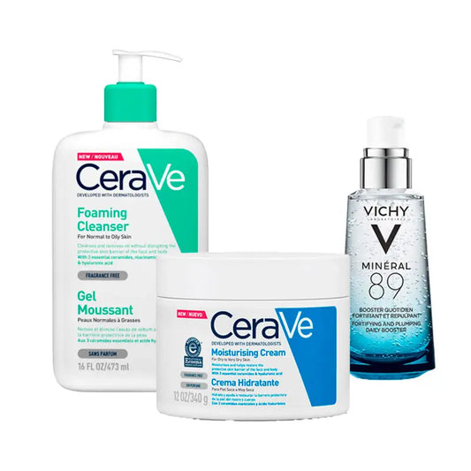 Pack unisexe routine Vichy Mineral 89 50ml +Cerave gel moussant 473ml+Cerave crème hydratante 340gr