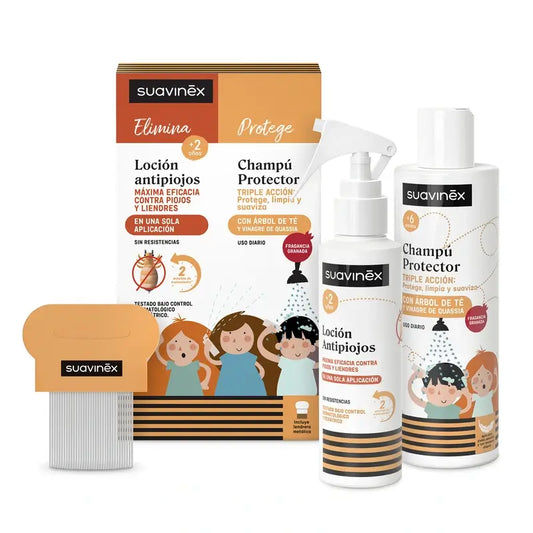 Pack Suavinex Lotion anti-poux 125 ml + Shampooing protecteur 250 ml + Répulsif anti-poux, +2 ans
