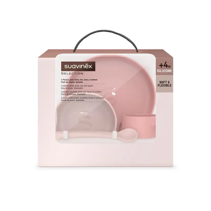 Suavinex Vaisselle en silicone 4 pièces avec ventouse, +4 mois, rose