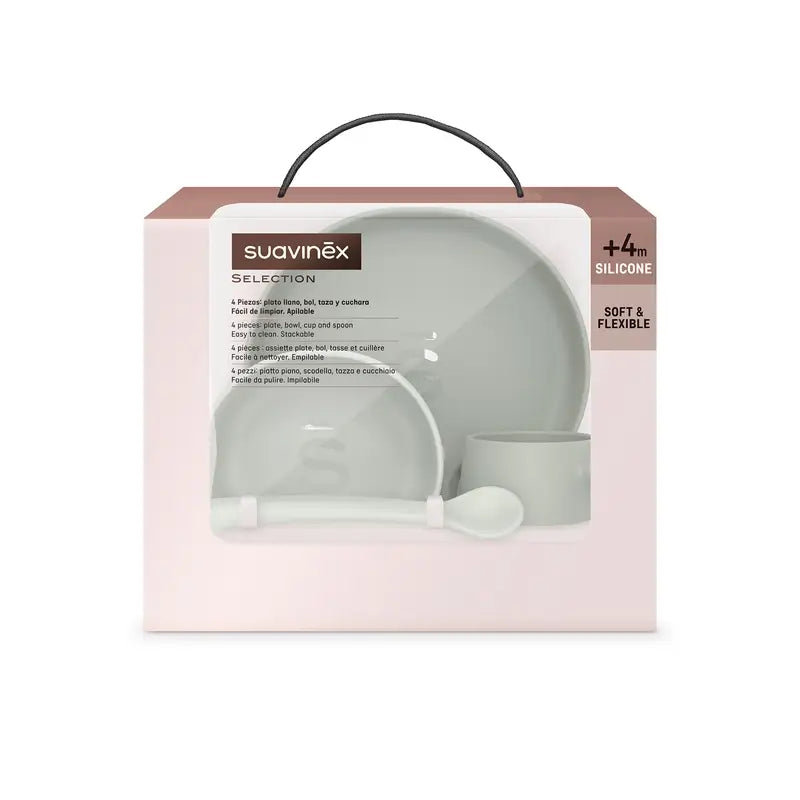 Suavinex Vaisselle en silicone 4 pièces avec ventouse, +4 mois, vert