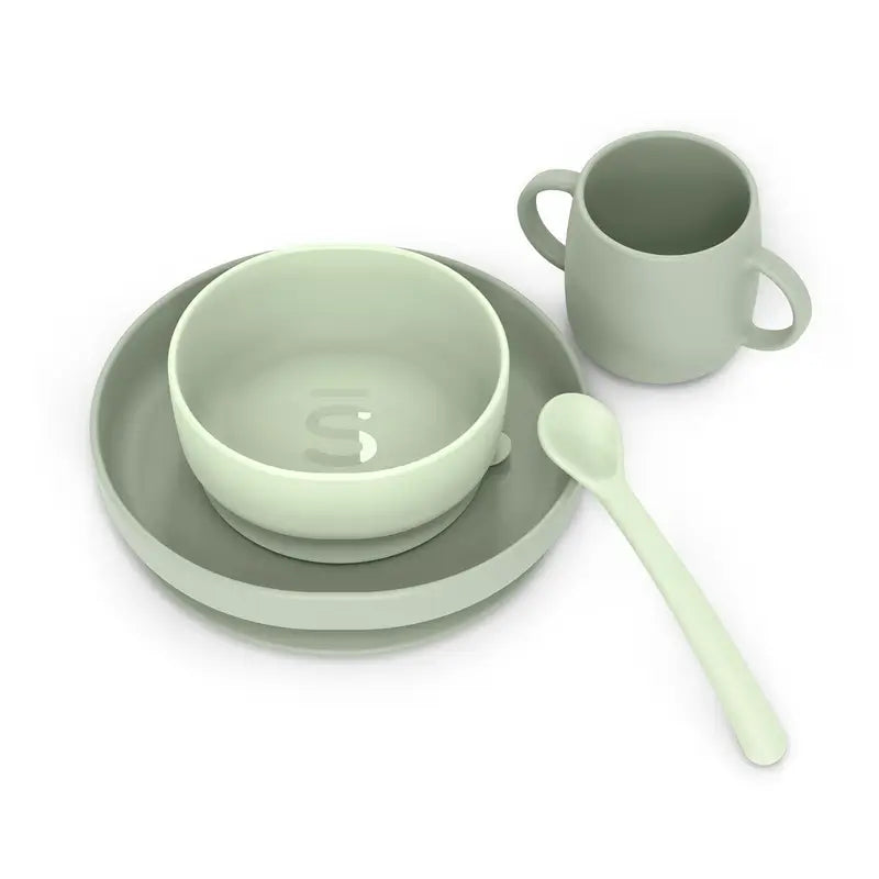 Suavinex Vaisselle en silicone 4 pièces avec ventouse, +4 mois, vert