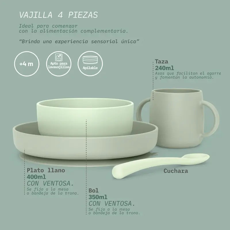 Suavinex Vaisselle en silicone 4 pièces avec ventouse, +4 mois, vert